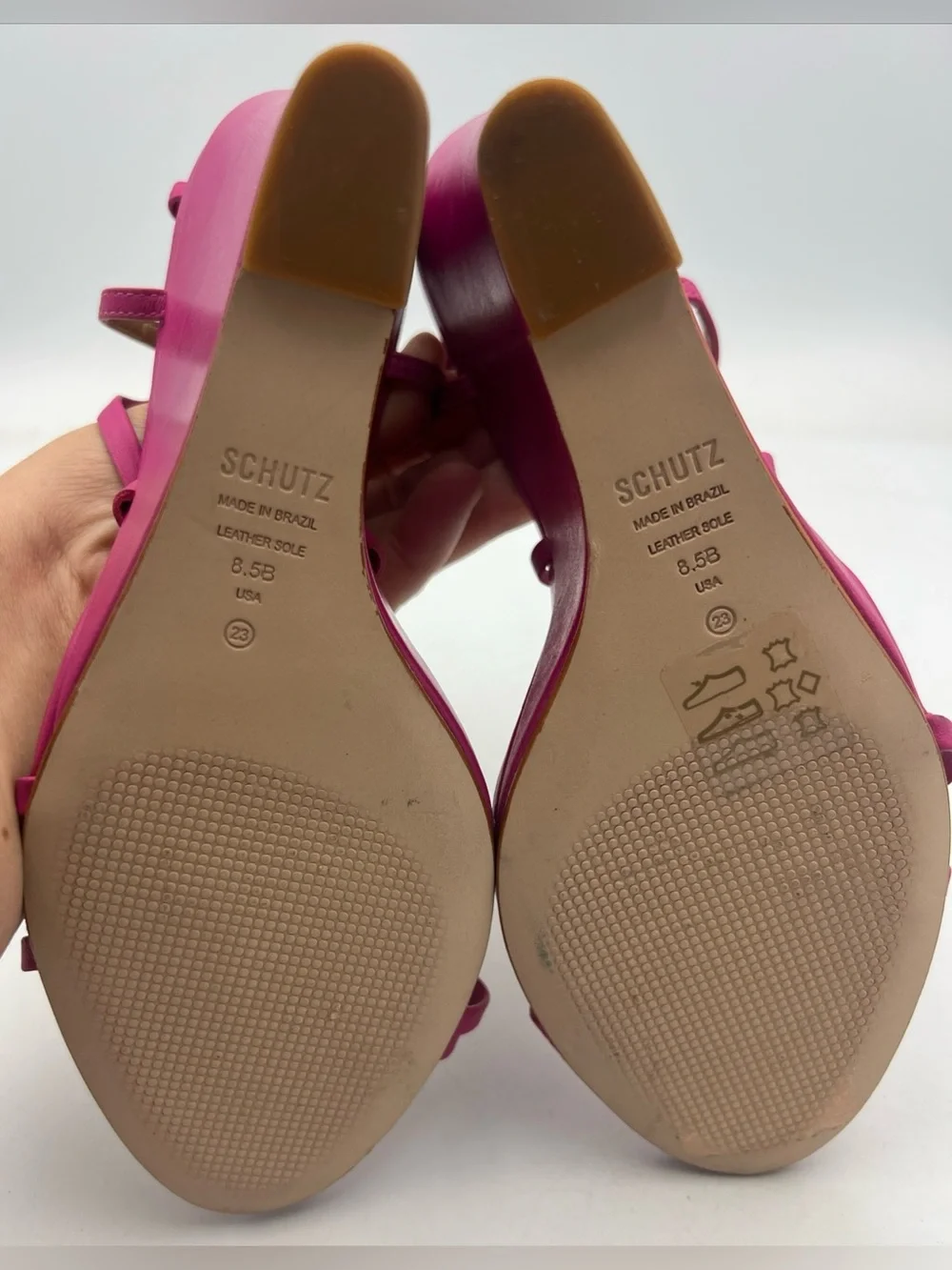 SCHUTZ Deonne Strappy Fuchsia Wedge Nappa Leather Sandals Ankle Strap Size 8.5B